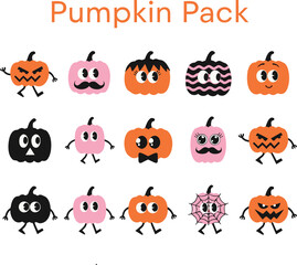 Obraz premium Cute Halloween pumpkin vector pack icon set. Editable EPS collection for spooky autumn holiday designs.