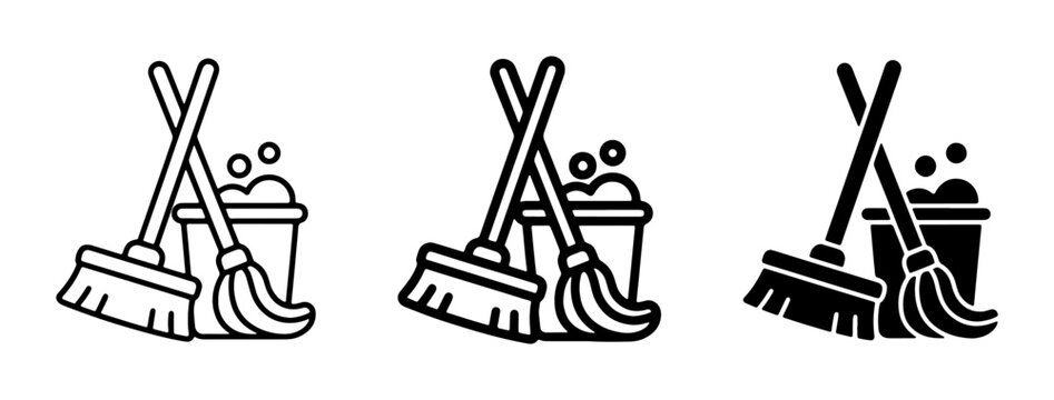 Cleaning Tools Set: Mop, Broom, and Bucket with Bubbles, Vector Icons for Housekeeping and Sanitation Services