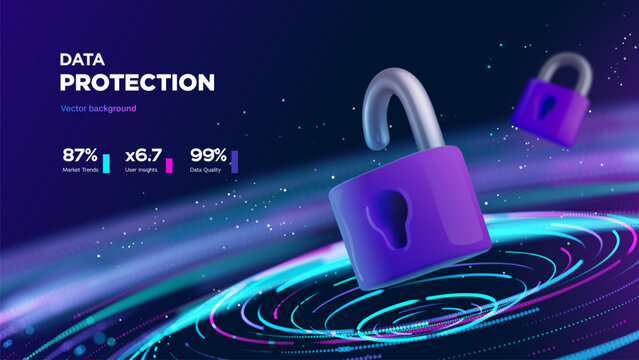 Cybersecurity Technology Data Protection Digital Security Network With Futuristic Neon Lighting, Secure 3d Lock, And Abstract Digital Energy For Innovative Technology Visuals. Vector Illustration.