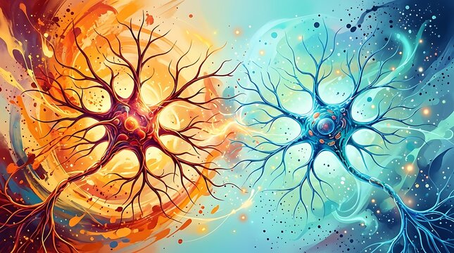 Vibrant illustration of two neurons with colorful abstract background and paint splatters