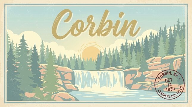 Retro Corbin Kentucky Travel Poster with Cumberland Falls Waterfall and Pine Forest Landscape Vintage Illustration