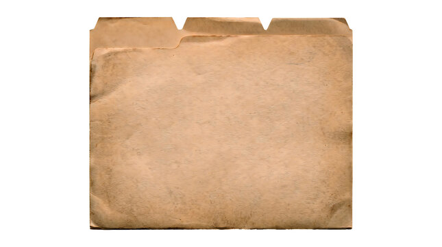 A heavily worn and aged vintage file folder with a textured brown surface, isolated on a white background, used for storing historical documents and archival office records