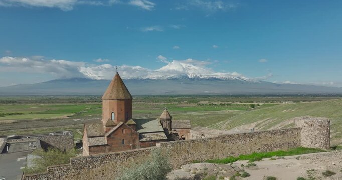 Aerial view of Khor Virap monastery with Mount Ararat in the background, Armenia
