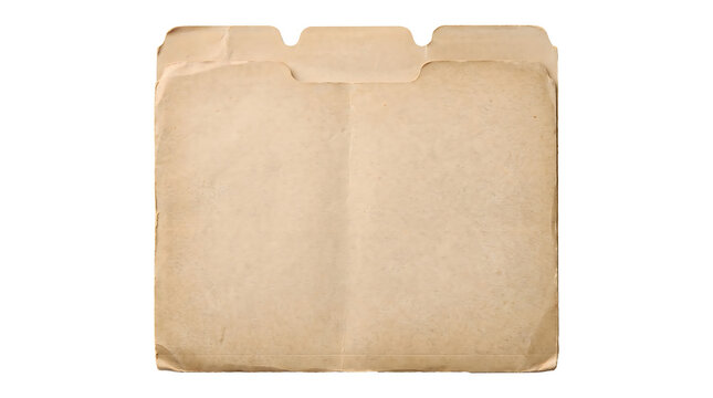 A vintage, worn, and aged manila file folder with a weathered texture, isolated on a white background, representing historical records, archives, and old office document storage