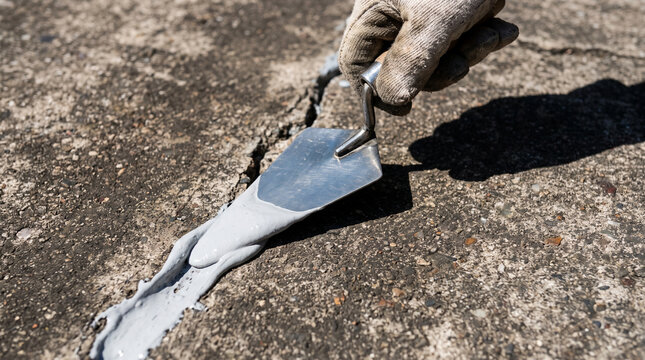 Construction worker using a metal trowel to apply gray sealant into a cracked concrete driveway
