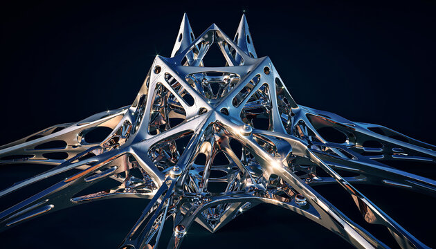 Abstract 3D render of a complex futuristic metallic geometric structure, shiny chrome lattice network on a dark background
