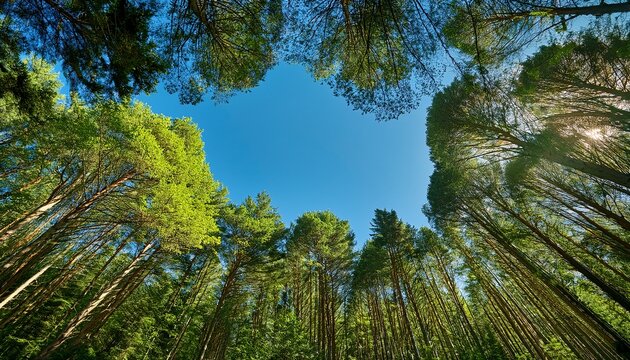Lush Green Treetops Of A Dense Forest Under A Clear Blue Sky Foliage And Natural Beauty Ideal For Promoting Outdoor Activities And Nature Conservation