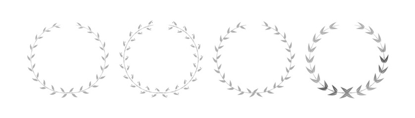 Obraz premium Grand silver laurels set. Foliate laurels branches, laurel wreath silhouette. Trophy crest, Greek olive branch award, winner emblem, champion success sign collection isolated pattern Vector.