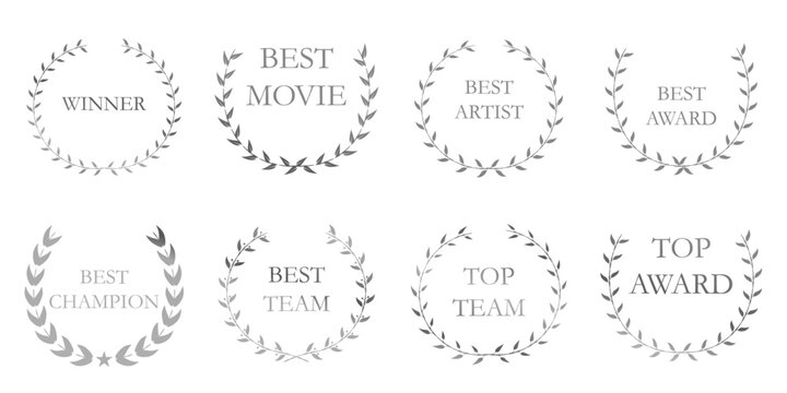 Sharp silver laurel foliate vector icon set. Simple silver laurel wreath heraldic trophy crest collection, certificate achievement award, success champion sign layout graphics drawing Vector.