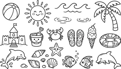 Fototapeta premium Cute summer beach vacation doodle set with kawaii animals, food, and tropical elements