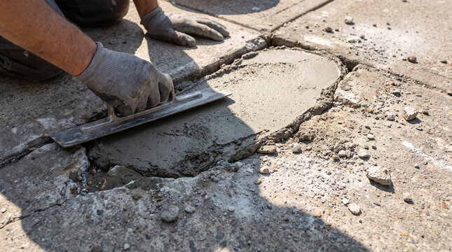 Worker uses a metal trowel to smooth wet concrete patch during a sidewalk repair project