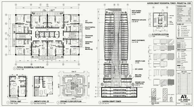 Architectural floor plan and building section for a highrise residential tower project