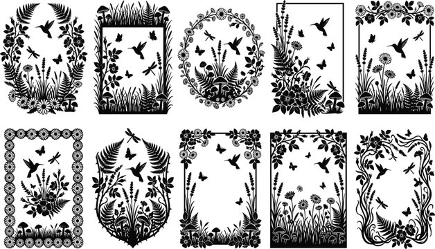 Set of black silhouette floral frames with hummingbirds, butterflies and ferns vector illustration