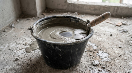 Fototapeta premium Black plastic bucket filled with wet grey cement and a metal trowel for masonry work