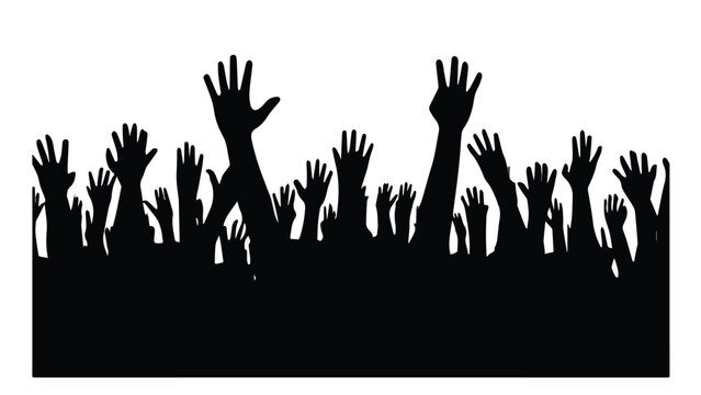 Crowd of people with raised hands at concert or festival in vibrant lights on dark background