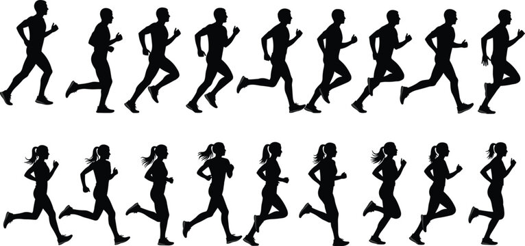Running silhouettes collection of men and women jogging, sprinting, and exercising &mdash; athletic vector icons for sports and fitness designs
