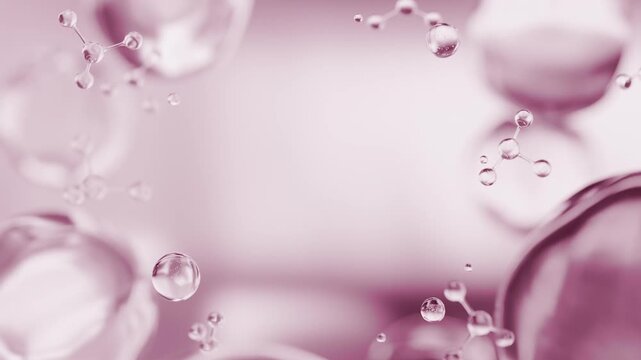 Pink cosmetics background with copy space. 3D abstract anti-aging laboratory frame for text or product display. Floating collagen molecules, glowing peptide drops, luxury skincare promo mockup