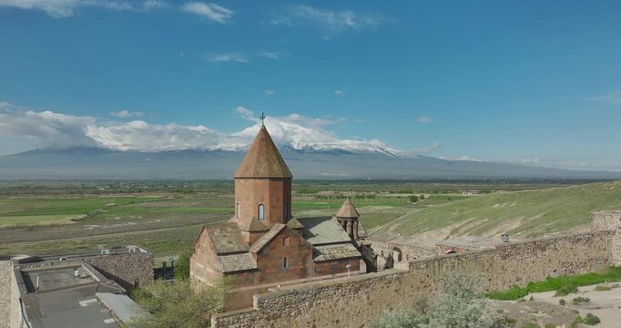 Aerial view of Khor Virap monastery with Mount Ararat in the background, Armenia