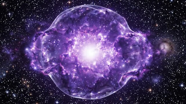 Cosmic cell structure glowing in deep space with bright stars and purple nebula, starry universe creating vibrant mysterious galactic energy sphere