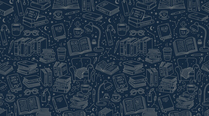 Obraz premium Dark blue seamless pattern with library book sketches.