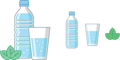 Fresh mineral water vector set featuring plastic bottles filled with sparkling water clear glasses with bubbles and green mint leaf elements © MdSazib