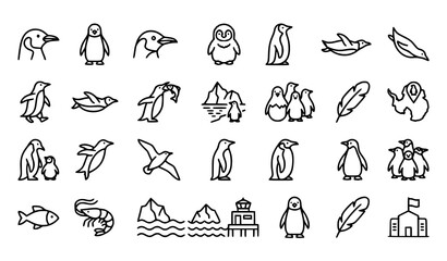 Fototapeta premium Penguin Outline Icon Set Antarctic Wildlife Vector Collection