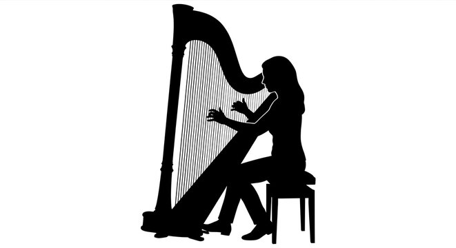 Silhouette of a female harpist playing a large musical instrument