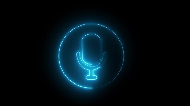 Animation of glowing neon Podcast Icon isolated .neon microphone , Sound speaker icon animation .Glowing neon microphone icon. Voice recording podcast mic microphone button icon animation.4k video.