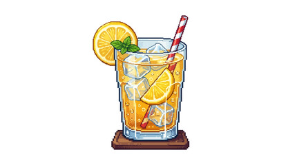 Pixel art glass of iced tea with lemon and mint © Studio84