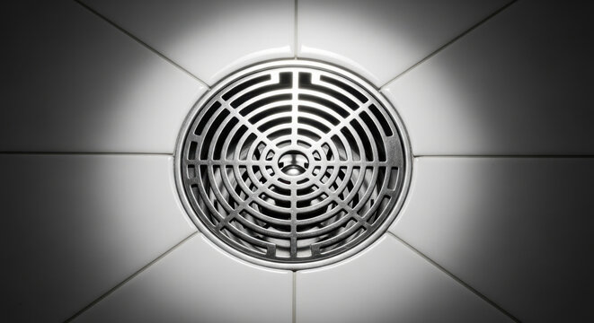 Monochrome Shower Drain Grid With Dramatic Lighting and Tiled Background