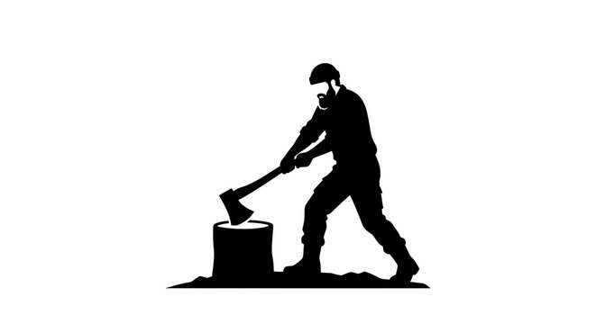 Bearded man finishing a downward axe swing into wood