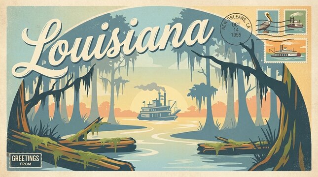 Vintage Louisiana Travel Postcard Illustration with Bayou Swamp, Cypress Trees, and Steamboat at Sunset