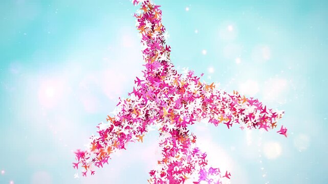 3D Airplane Travel Symbol Formed by Small Floating Plane Particles Background Motion Graphic.