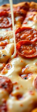 Melted cheese drizzles down a crispy pepperoni pizza crust, comfort food, stringy