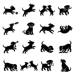 Fototapeta premium Cute dog silhouettes playing running sitting jumping set