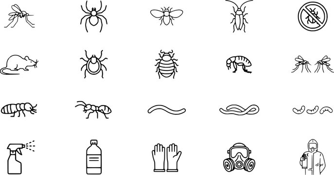 Black and white line drawings of various insects and pest control related items on a transparent background  pest control concept