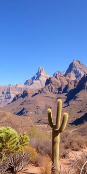 Mountain range in the background with cacti and dry vegetation, cacti, || mountains