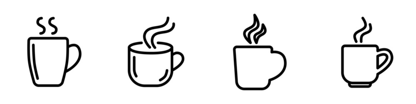 Premium flat line coffee icon featuring a modern steaming mug with clean rounded monoline strokes and balanced geometric proportions. Perfect for UI, cafes, mobile apps, websites, branding, and vector