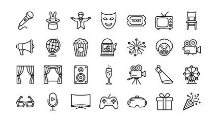 Comprehensive set of entertainment media and leisure outline icons representing various activities and objects for modern digital design © MARUF