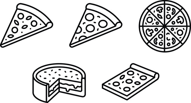 Pizza Line Art Icons, Cheese Slice, Pepperoni Slice, Whole Round Pizza Vector Outlines