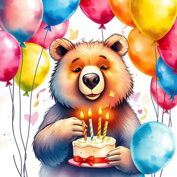 Watercolor bear blowing out candles surrounded by balloons, bear, watercolor