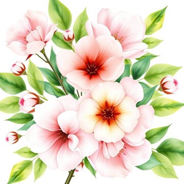 Watercolor floral arrangement featuring delicate cotton flowers in shades of pale pink and cream against a soft white background with lush green leaves, artful, elegant