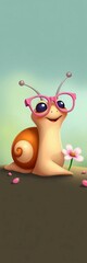Fototapeta premium Whimsical snail illustration with pink glasses and flower accentuating its slow and steady nature, cartoon, slow