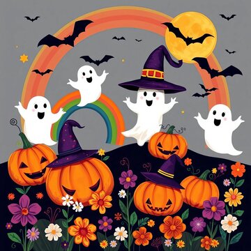 Whimsical Halloween design featuring ghosts, pumpkins, hats, bats, rainbows, and flowers, halloween, whimsy