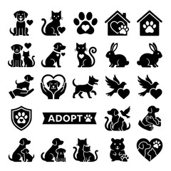 Obraz premium Pet adoption animal care icons set dogs cats rabbits birds hearts