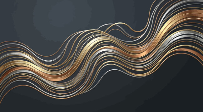 Abstract flowing metallic gold and silver lines wave shape on dark background