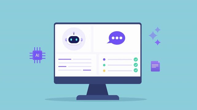 Animated flat vector dashboard with an AI assistant, chat interface, and communication icons. Modern digital workspace for messaging, collaboration, automation, and smart interaction.