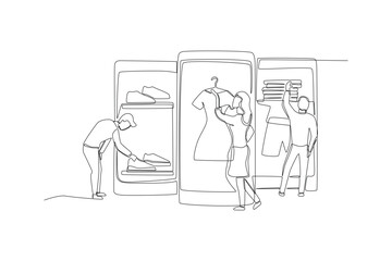 Fototapeta premium One line drawing of human customers with a male inspecting shoes, a woman holding a dress, and a young man reaching for folded clothes on shelves, illustrating a clothing retail store scene.