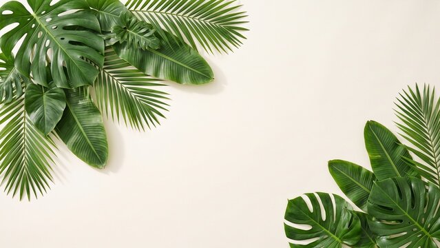 Minimal tropical leaves arranged on a clean light background with generous copy space. Fresh botanical composition designed for summer advertising, branding, website banners, social media, marketimg.