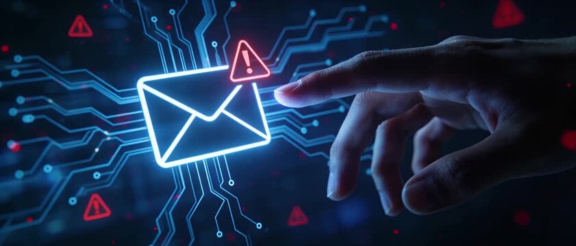 Cybersecurity awareness email warning alert concept for digital network security and online privacy protection with neon envelope icon glow technology crime defense spam phishing malware threat